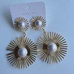 Statement Gold Sunburst Earrings with‎ Faux Pearl – Vintage Style Radiant Drop Photo 0