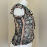 GLOBUS Green Blue Pink Cream Floral Print Sheer Sailor Collar Cap Sleeves Sz XS Photo 3