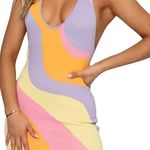 Amazon NWOT Y2K Multicolor Mini Knit Dress Small Halter V-Neck Groovy 80s Disco Wacky Photo 0