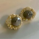 Vintage Faux Pearl & AB Crystal Button Earrings 🐝 White Photo 2