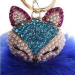 Fluffy Fox Blue Rose Pink Pearl and Gold Rhinestone Pom Bag Charm Keychain Photo 0