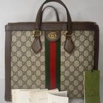 Gucci GG Supreme Monogram Web Medium Ophidia Tote Bag Brown. Photo 0