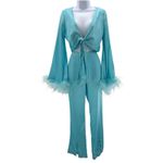White Fox Boutique White Fox Satin Feather Trim Lounge Set Blue‎ Tie Front Top Pants Small Y2K Glam Photo 1