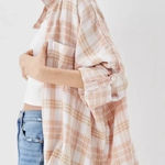 American Eagle Oversized Linen Shirt Plaid Button Overshirt Top Size Large Photo 0