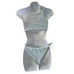 Womens One Shoulder Bikini Swimsuit Turquoise White Stripe Tie Size Large Preppy Photo 3