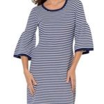 Sail To Sable Navy Blue White Stripe Bell Sleeve Knit Dress Photo 0