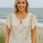 cupio NEW  Linen Blend Ruffle Embroidered Trim Blouse Coastal Feminine Boho XL Photo 0