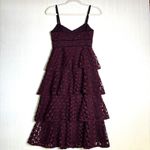Club Monaco  Women's Dress Sz 00 Burgundy Black Trim Lace Tiered Midi Photo 9