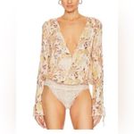 Free People INTIMATELY Cream Floral Print Bell Sleeve Bodysuit Bohemian Small Photo 10