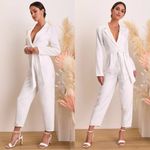 Lulus  Ivory Jacquard Collared Surplice Belted Long Sleeve Jumpsuit Womens XL NWT Photo 2