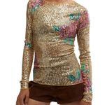 Free People NWT Intimately Gold Rush Champagne Combo Printed Sequin Long Sleeve Photo 0