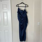 Showpo Lieselotte Midi Dress Ruched Front Split Cowl Neck Satin NEW Navy Blue 14 Photo 4