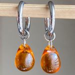 Handmade amber teardrop Czech glass simple minimalist hoop earrings🧡 Photo 0