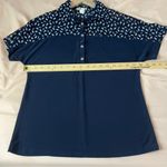 Ivy Ridge Navy Blue Patterned Mesh Neckline Stretch Jersey Knit Dolman Polo Top Photo 10