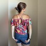 EXPRESS Top Floral Off Shoulder Tropical Ruffle Hawaiian Pink Purple Photo 6