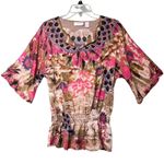 Chico's  Shirt Womens Small Beige Pink Floral Embellished Beaded Smocked Boho Photo 10