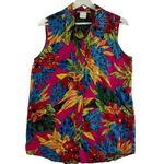 TRIBES Medium M Silk Top Button Up Shirt Pink Floral Sleeveless Collared 90s Photo 0