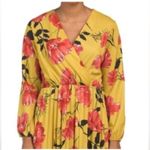Elegant Floral Long Sleeve Dress in Mustard and Red made in Italy Yellow Size L Photo 1