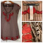 Free People Striped Embroidered Tunic Top Brown Red Floral Lace Up Boho Size 2 Photo 11