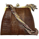 Vintage Genuine Lizard Brown Leather Frame Handbag with Oscar de la Renta Scarf Photo 0
