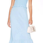 Amanda Uprichard  Gaia Dress in Pacific Blue Smocked Midi Tie Shoulder Ruffle Hem Photo 0