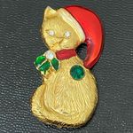Vintage Unsigned Kitty Cat Santa Christmas Brooch Gold Photo 6
