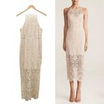 Shona joy  Lace High Neck Midi Dress Beige Nude Size 6 Lined Scalloped Hem Bridal Photo 15