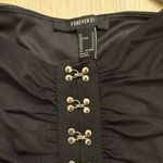 Forever 21  Black Ruched Mesh Mini Dress, Hook Front, Long Puff Sleeves Medium Photo 2