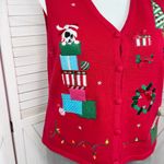 Westbound Vintage  Embroidered Pets Christmas V Neck Sweater Vest Red Large Photo 4