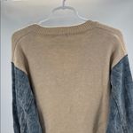 Entro Tan V-Neck denim sleeve contrast distressed sweater casual mixed material Photo 2