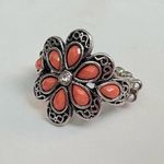 Coral Floral Bling Stretchy Adjustable Silver Tone Cocktail Statement Ring Orange Photo 3