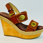 Coach Mariam Brown Leather Wedge Sandals, Brass Hardware, Wood Platform sz 6.5 Photo 0