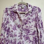 Sundance  Sz XS Chantilly Blooms Button Down Top Blouse White Purple Floral Bird Photo 2