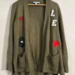 Libby Edelman Olive Green Cardigan Large Varsity Patches Heart Lips Cozy Knit Photo 0