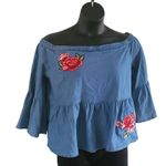a.n.a Denim Off Shoulder Blouse with Floral Embroidery – Size Large – 3/4 sleeve Photo 4