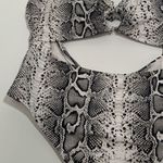 Refuge Womens Low Cut Tie Knot Front Bikini One Piece Snakeskin Black White XL Photo 6