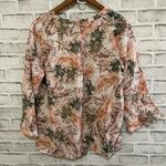 J.Jill Women’s  100% linen pink & green floral tropical cream print blouse Small Photo 1