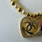 Gold and White Pearl Bracelet with Heart and Strawberry Charms Adjustable Photo 4