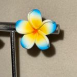 Blue & Yellow 3D Hawaiian Plumeria Flower Pierced Earrings Photo 2