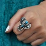 Bohemian Elephant Ring with Turquoise Accent Silver Plated Adjustable Open Band Silver Photo 0