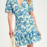 Lulus Glorious White and Light Blue Floral Print Ruffled Aline Mini Dress Small Photo 0