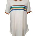 Lucky and Blessed T-Shirt Striped Size Medium Beige Blue Southwestern Santa Fe Photo 6