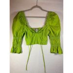 Urban Outfitters  Green Ribbed Puff Sleeve Tie Front Crop Top Size Medium Photo 1