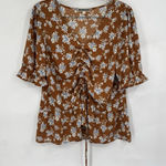 Pleione  Floral Blouse Women Medium Rust‎ Orange Cinch Front Peasant Bohemian Photo 0