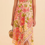 Farm Rio  Blooming Floral Crochet Embroidered Eyelet Pink Midi Dress Sz S Tiered Photo 0