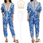 Farm Rio Blue Full of Flowers Linen Floral Belted Jumpsuit Size XS Photo 1