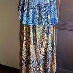 Raga | Blue and Mustard Boho Tiered Midi Halter Neck Ruffle Sundress | Small Photo 4