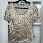 Josie Natori 100% Silk Cream & Gold Puff Sleeve Scalloped Neck Blouse Size XS Photo 10
