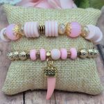 None Lot of 2 Artisan Made Gold Tone & Pink Beaded Stretch Bracelet Shark Tooth Charm Photo 0