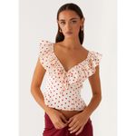 Peppermayo NEW  Regan White Red Polka Dots Ruffle Tie Cutout Blouse Top Size 4 Photo 4